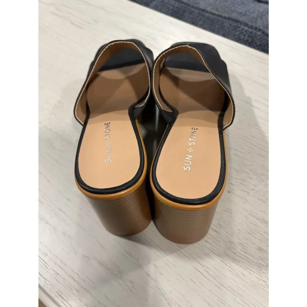 Sun + Stone Black Platform Mule Sandals with Tan Wood-Look Heel